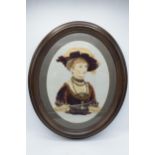 A 20th century tapestry of a lady in historic clothing in an oval frame. H 61cm tall.
