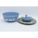 A collection of Wedgwood Jasperware to include a blue bowl, blue basket and a green plate (3). In