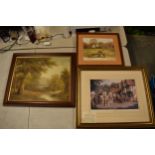 A mixed collection of framed scenes to include a Mike Knight print of a cottage, an oil on canvas