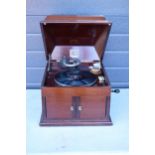 HMV His Masters Voice table top gramophone with cabinet to bottom half. 47 x 41 x 33cm. Vendors