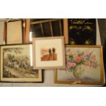 A collection of framed items to include Stage Coach engraving, Sheila Allen watercolour, a similar