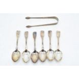 A set of hallmarked silver tea spoons x 6 together with matched sugar nips. 175.1 grams.