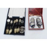 A collection of items to include silver metal novelty shoes in case together with various other
