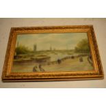 A framed oil painting of a canal and river view signed by T Wallis 1901. 60 x 39cm inc frame.