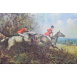 A framed print in the style of oil on canvas depicting a traditional hunting scene with dogs and