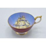 Aynsley Fine Bone China tea cup decorated with a sailing ship / galleon at sea. 13cm diameter inc