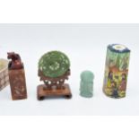 A collection of oriental items to include Jade and similar items to include figures, snuff bottle