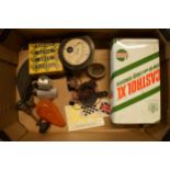 A mixed collection of items to include Castrol oil can, Amperes gauge, springs, door knobs etc.