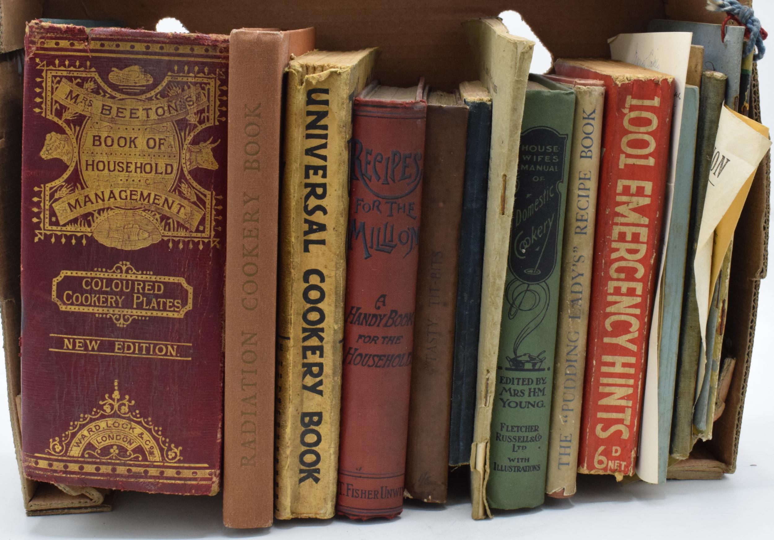A collection of antiquarian cookery books and recipe cards to include Mrs Beeton's Household