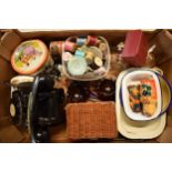 A mixed collection of items to include a Bakelite phone (af), vintage enamel dishes, cotton,