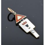9ct gold enamelled road sign charm 'Torch of Knowledge'. 2cm long.