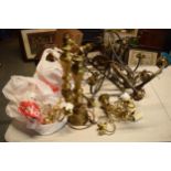 A mixed collection of items to include brass wall sconces, lamp bases, chandelier style items etc.