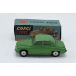 Boxed Corgi Toys 204M Rover 90 Saloon, green body, flat spun wheels in good condition with some