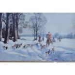 A framed hunting scene print in the form of an oil on canvas by Donald Grant. 88 x 73cm inc frame.