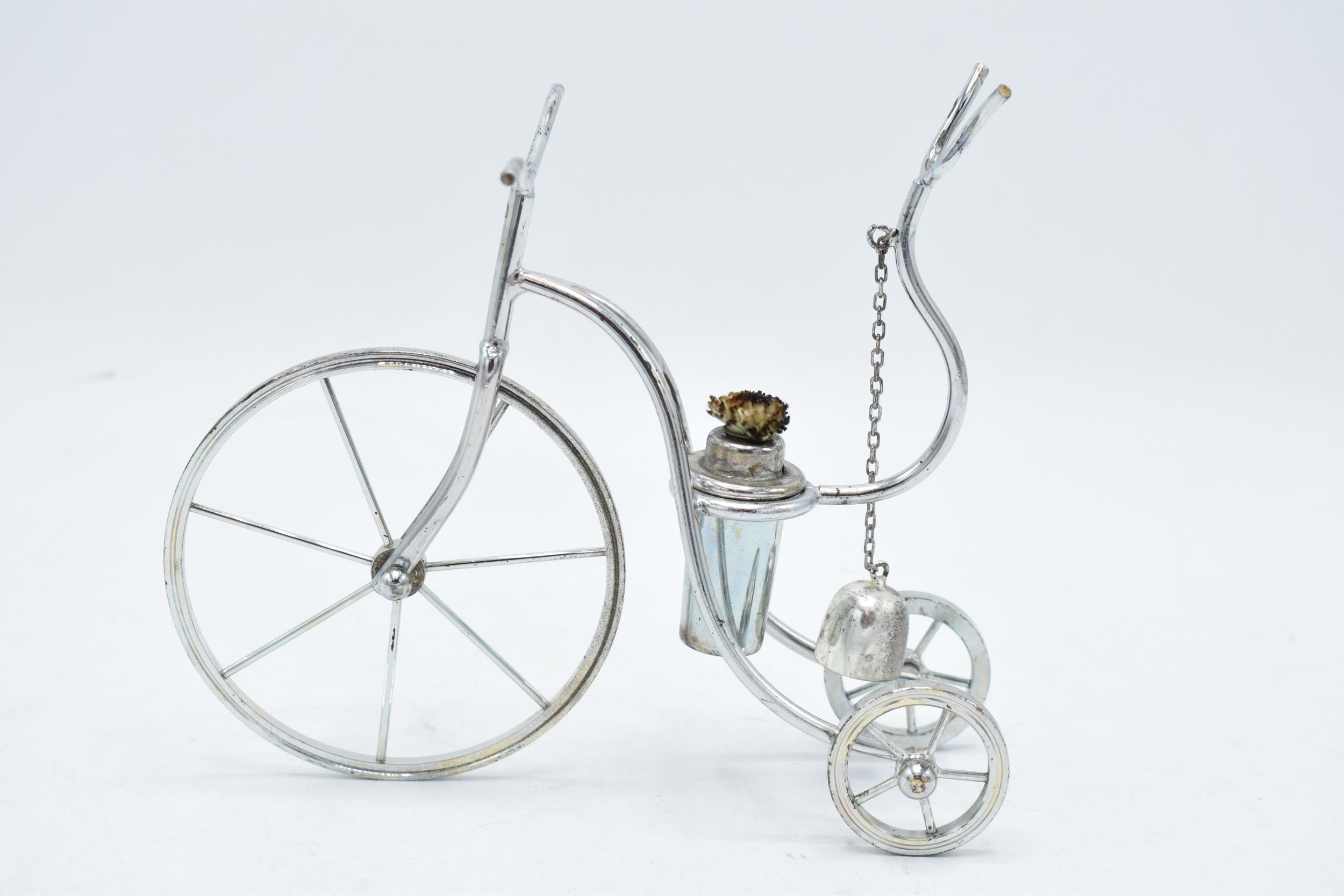 A novelty silver plated brandy warmer in the form of a tricycle / penny farthing style with a glass. - Image 4 of 5