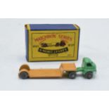 Boxed Matchbox No. 27 Bedford low loader with green cab with silver grill and tan trailer.