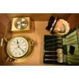 A mixed collection of items to include a Saxon Quartz cast brass ship's clock, a mantle clock, large