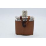 Scandinavian silver and glass hipflask with a leather cover. 14cm tall.