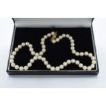 A cased set of single-string cultured pearls with a 9ct gold clasp. Approx 50cm long.