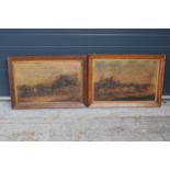 A pair of late 19th / early 20th century prints on canvases showing coaching scenes in hardwood