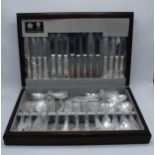 An Arthur Price canteen of silver-plated cutlery in a wooden case. Generally seems in good condition