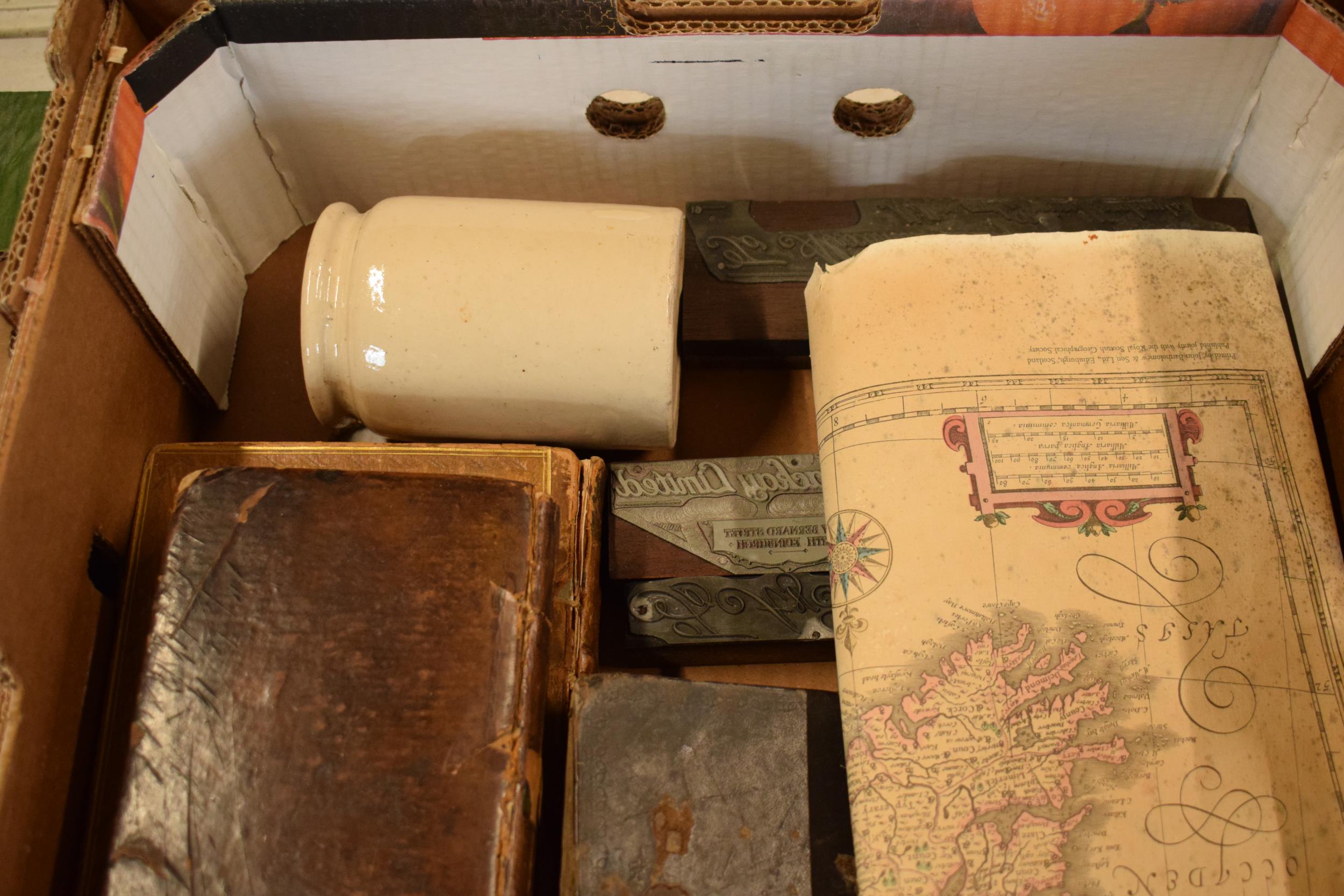 A mixed collection of items to include Oxo tin, marmalade jars, antique map, printing blocks etc. - Image 2 of 4