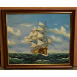 A framed 20th century oil on canvas style (print) depicting a sailing galleon at sea bearing