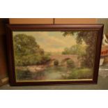A framed vintage oil on board style print of the Old Bridge, Derbyshire by Clive Madgwick. 88 x 63cm