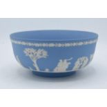 Wedgwood blue Jasperware bowl with relief scenes. In good condition with no obvious damage or