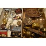 A mixed collection of items to include brass ware, tins, candelabra, Jack Daniels tin sign etc (