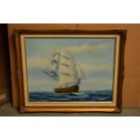 A 20th century oil on canvas style print depicting a sailing ship at sea bearing signature to bottom