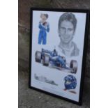 A framed 'Tribute to Damon Hill' by Stuart McIntyre. 63 x 47cm inc frame.