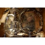 A large collection of silver plated items to include galleried-trays, candelabra, basket with