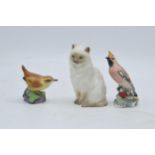 A trio of Royal Worcester animals to include a Long Haired Cat 3615, Wren 3198 and Waxwing 3648 (3).