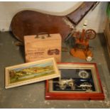 A mixed collection of items to include a novelty table lamp, a framed painting, a wooden wine box