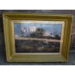 A 19th century oil on canvas in a gilt frame showing a countryside scene with a couple of figures in