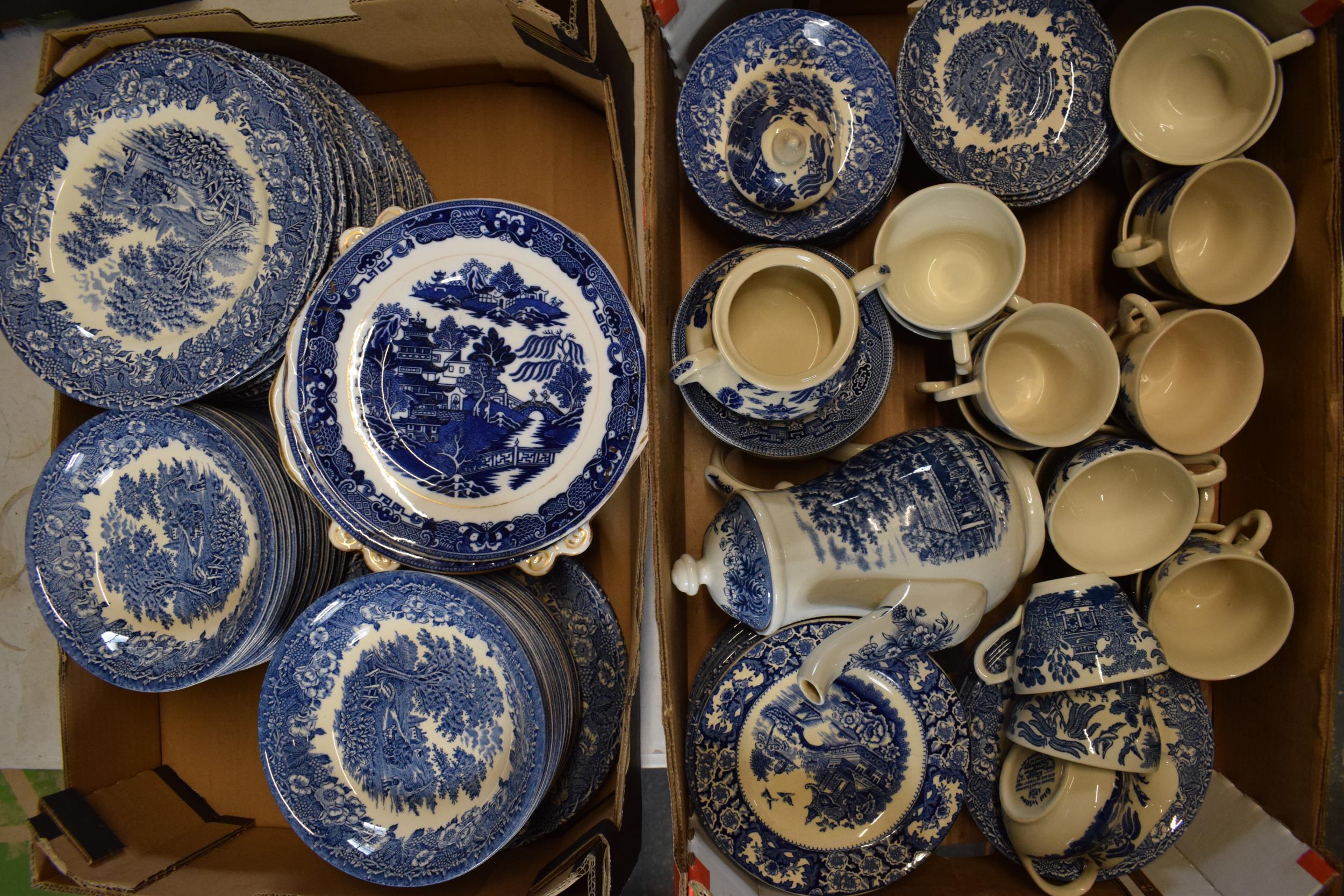 A large collection of 20th century mainly unmarked blue and white pottery to include a coffee pot,