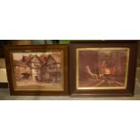 A pair of prints in wooden frame, one depicting a scene of gents by a roaring fire and the other a