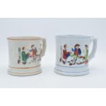 A pair of late 19th century frog mugs of tavern scenes, 12cm tall (2) (1 a/f). The orange rimmed one