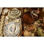 A mixed collection of items to include a turned wooden bowl, 19th century meat plate and 4