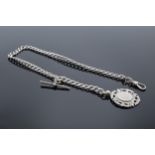 Silver Albert chain with clip, T-bar and hallmarked fob. 39.4 grams.