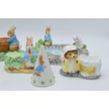 A collection of Beatrix Potter ceramic items to include 5 x Enesco egg cups, an Enesco soap dish,