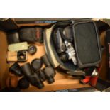 A mixed collection of cameras, accessories and other bits to include Praktica Super TL3, 10x50