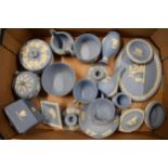 A collection of Wedgwood light blue Jasperware to include bowls, trinkets, plaques, cup and