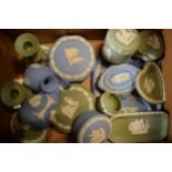 A collection of Wedgwood Jasperware in light blue and sage green colours to include an oval