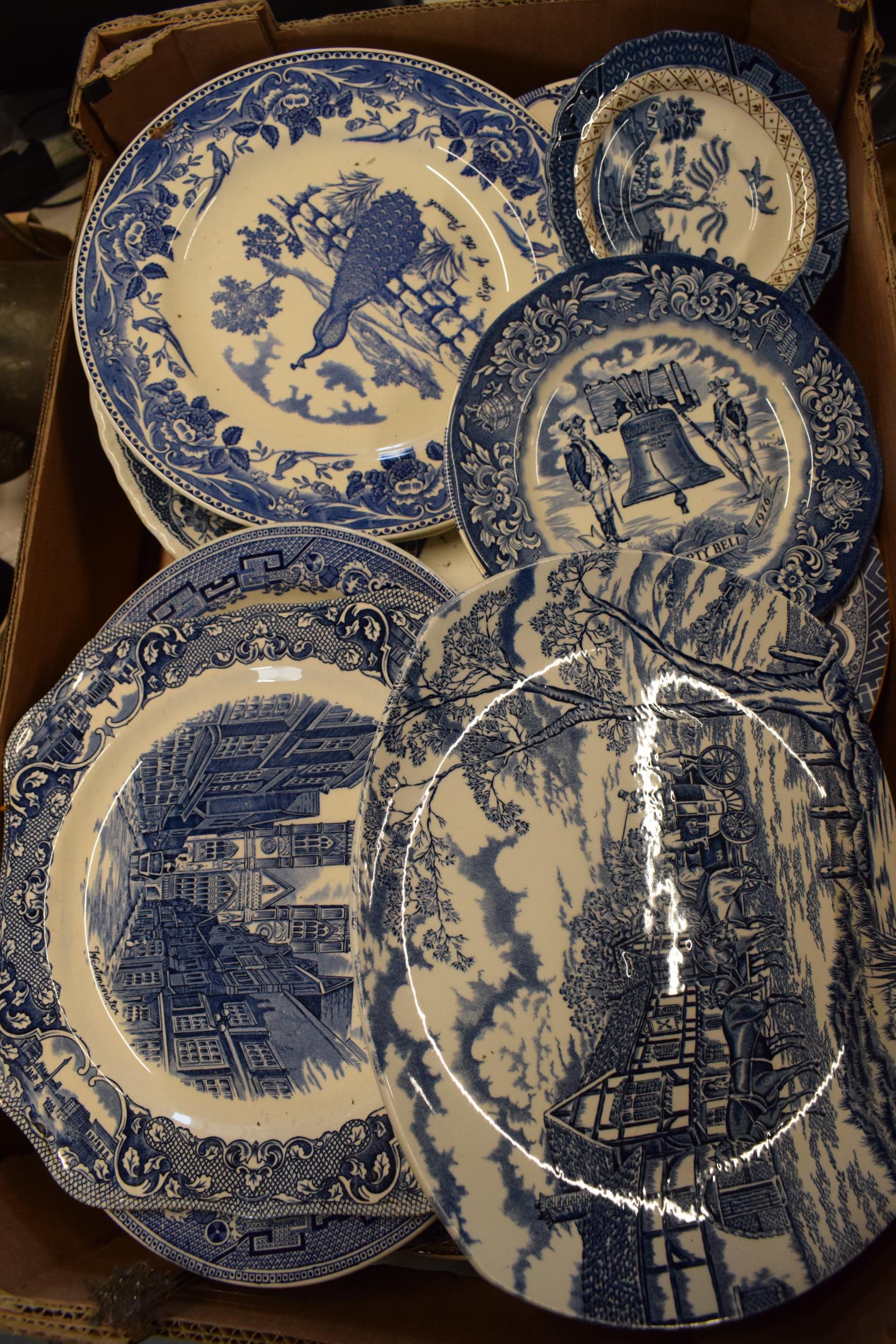 A good collection of mainly 20th century blue and white pottery to include Wedgwood, Booths and