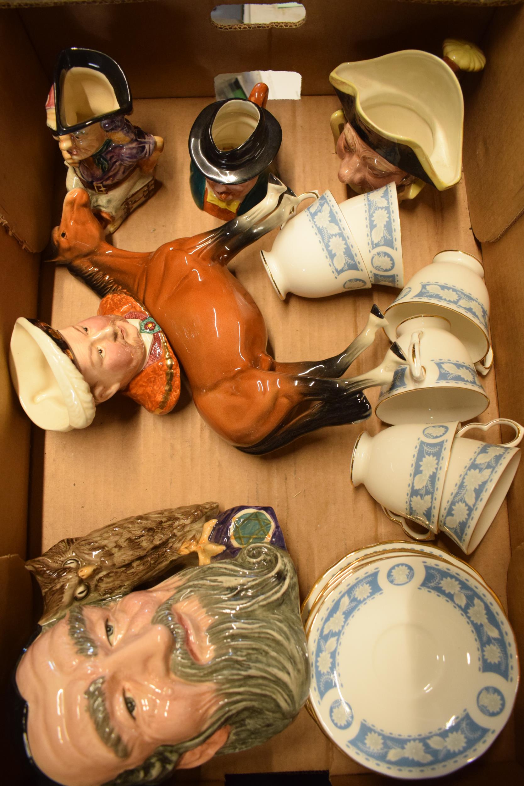 A mixed collection of pottery to include large Royal Doulton character jug Merlin, other character