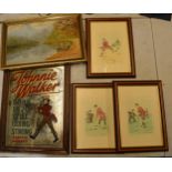 A collection of framed items to include vintage Johnnie Walker Scotch Whisky pub advertising mirror,