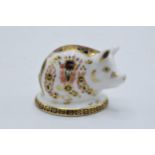 Royal Crown Derby paperweight Old Imari Piglet. First quality with stopper. In good condition with