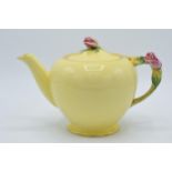 Royal Winton rose bud yellow teapot with pink rose finial to lid. 15cm tall. In good condition